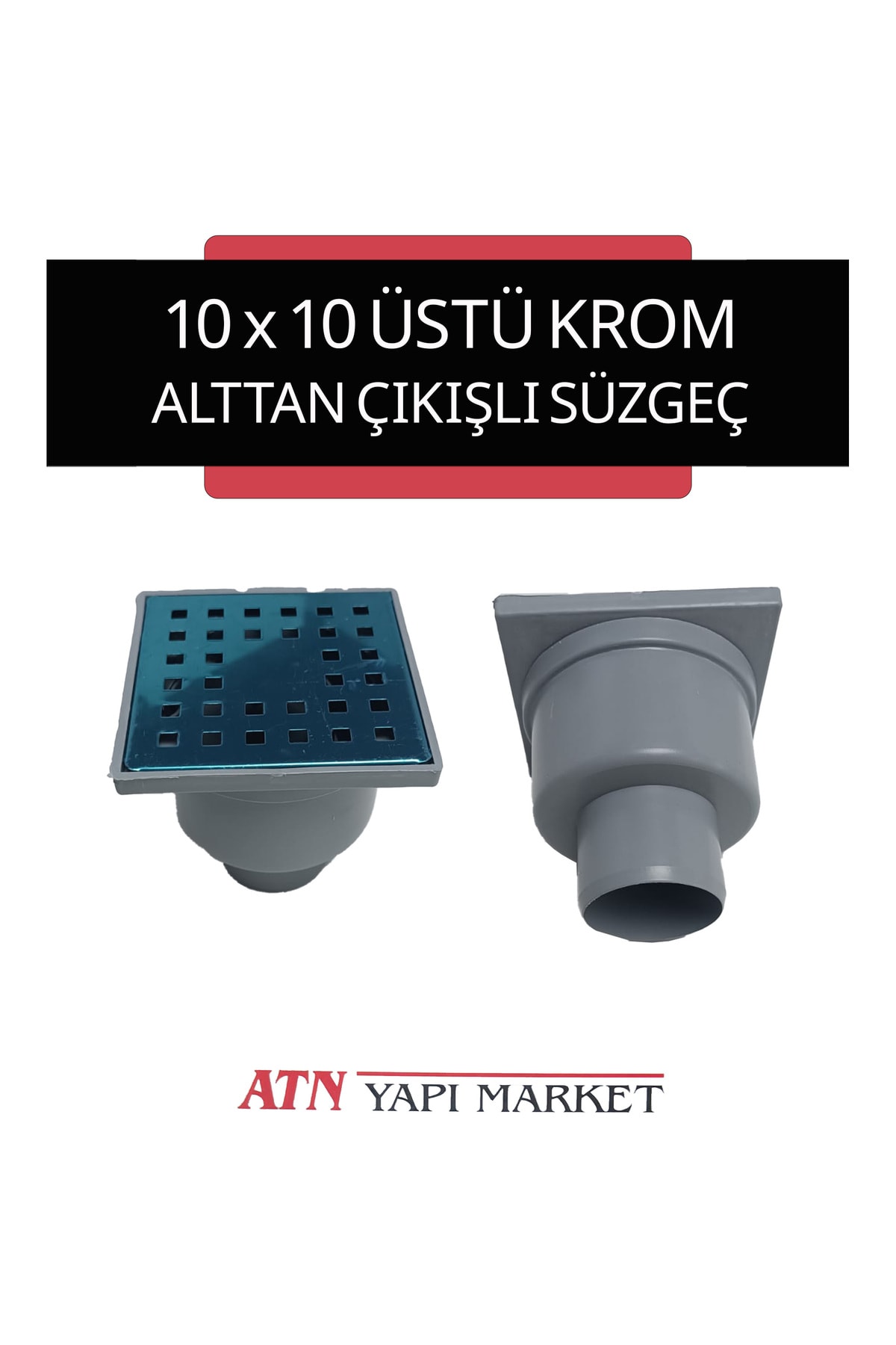 10x10 Üstü Krom Kare Yer Süzgeci – 50'lik Alttan Gider – Banyo, Balkon, Teras Su Tahliye Izgarası