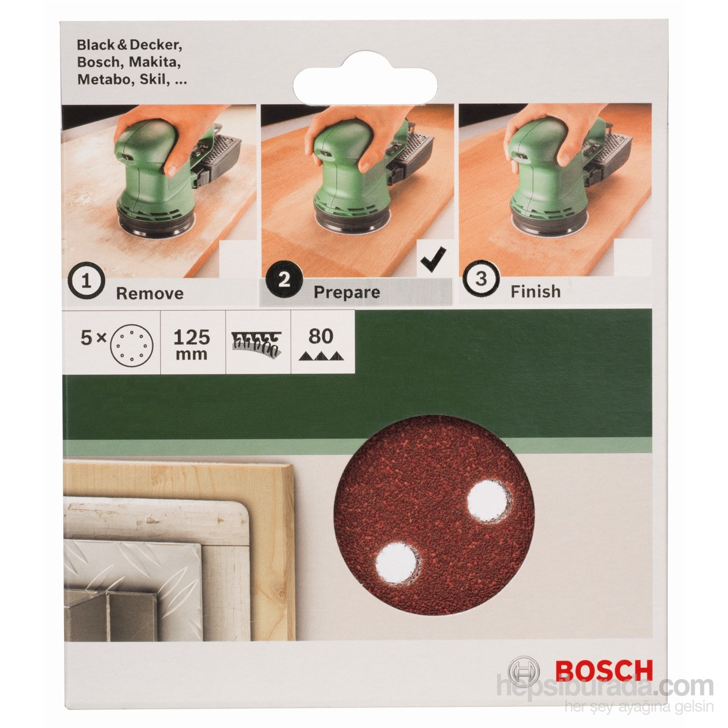 BOSCH - Eksantirik Zımpara Kağıdı 5'Li, 125 Mm 80 Kum 8 Delik