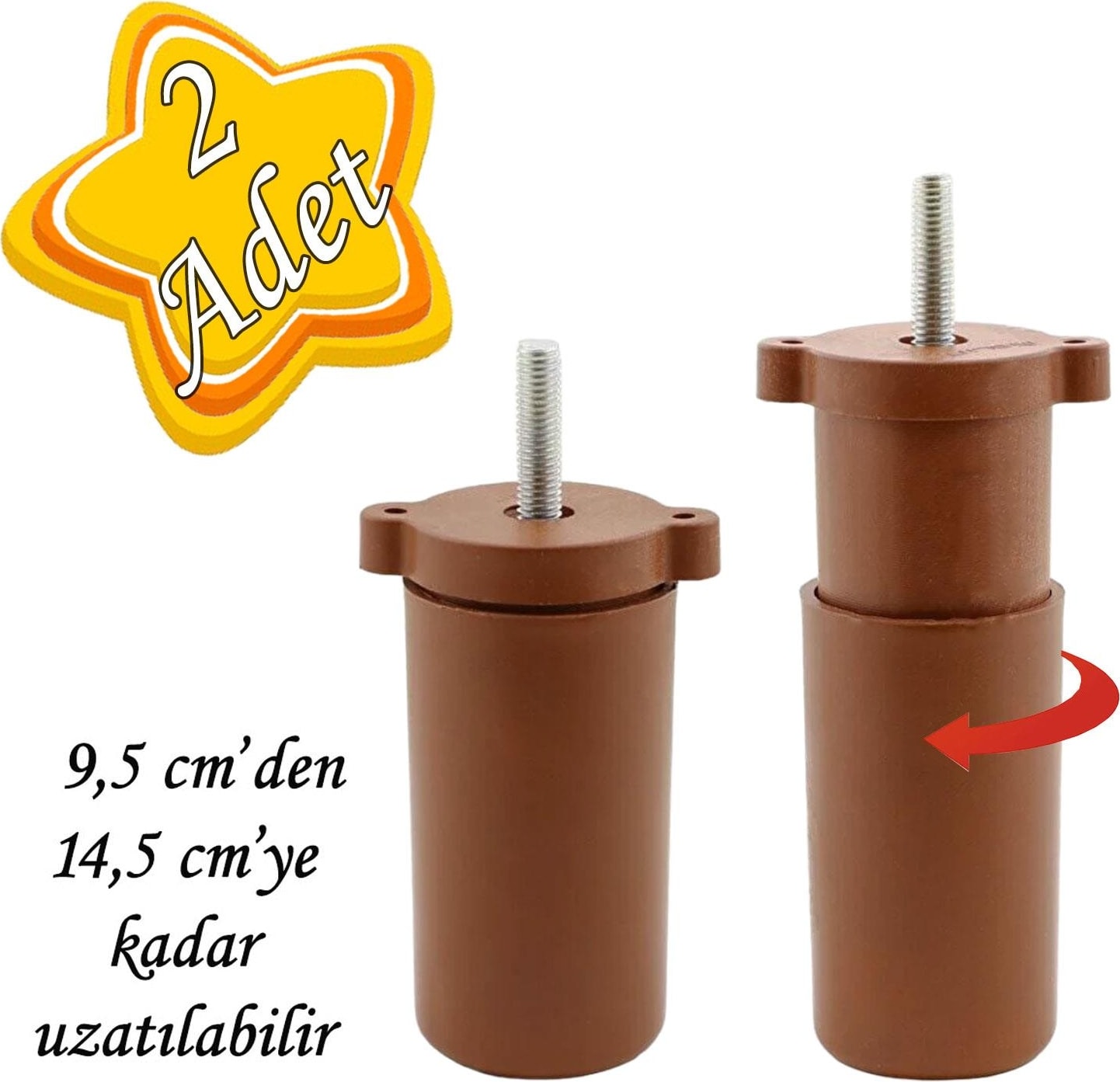 2 Adet Ayarlı Destek Ayağı 9.5 x 14.5cm Kahverengi Gizli Ayak M8 Civatalı Incediş Mobilya Kanepe Baza Koltuk