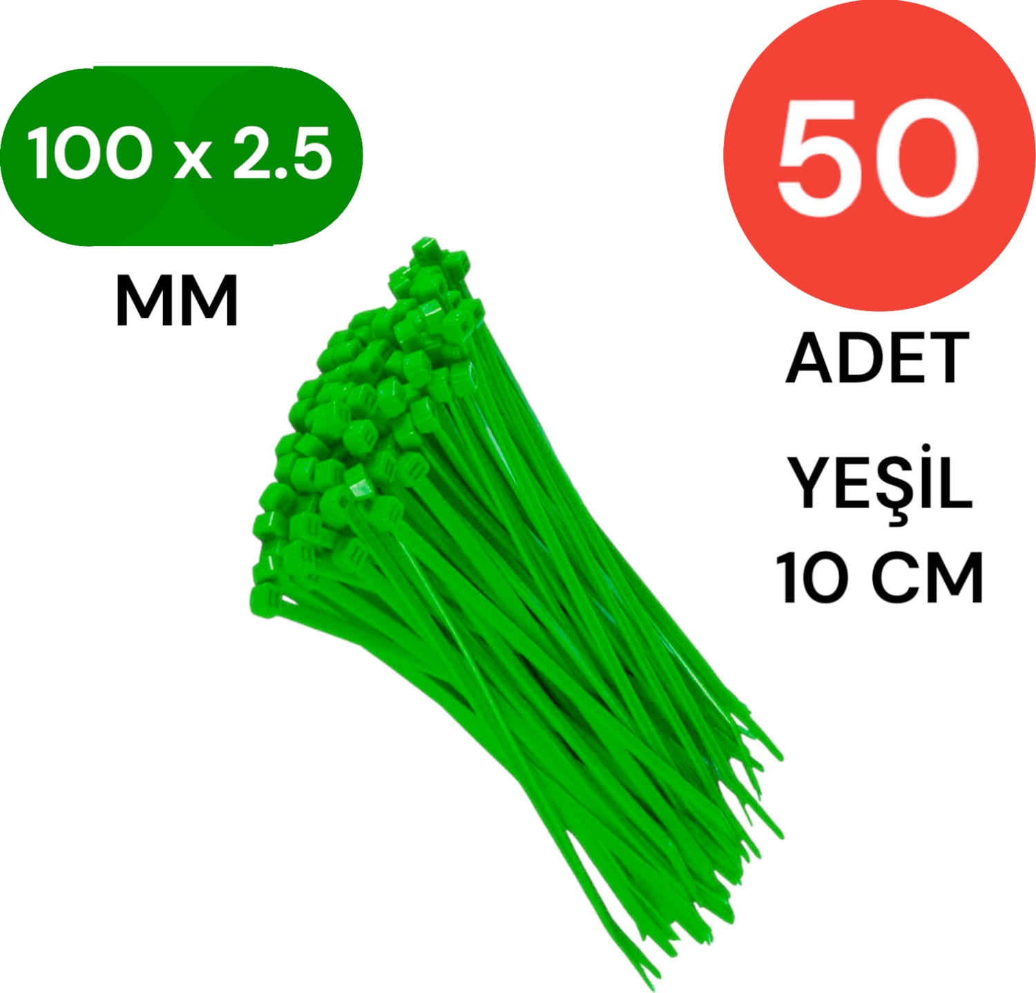 Plastik Kablo Bağı Klipsi Cırt Kelepçe 100 mm x 2.5 mm Yeşil 50 Adet