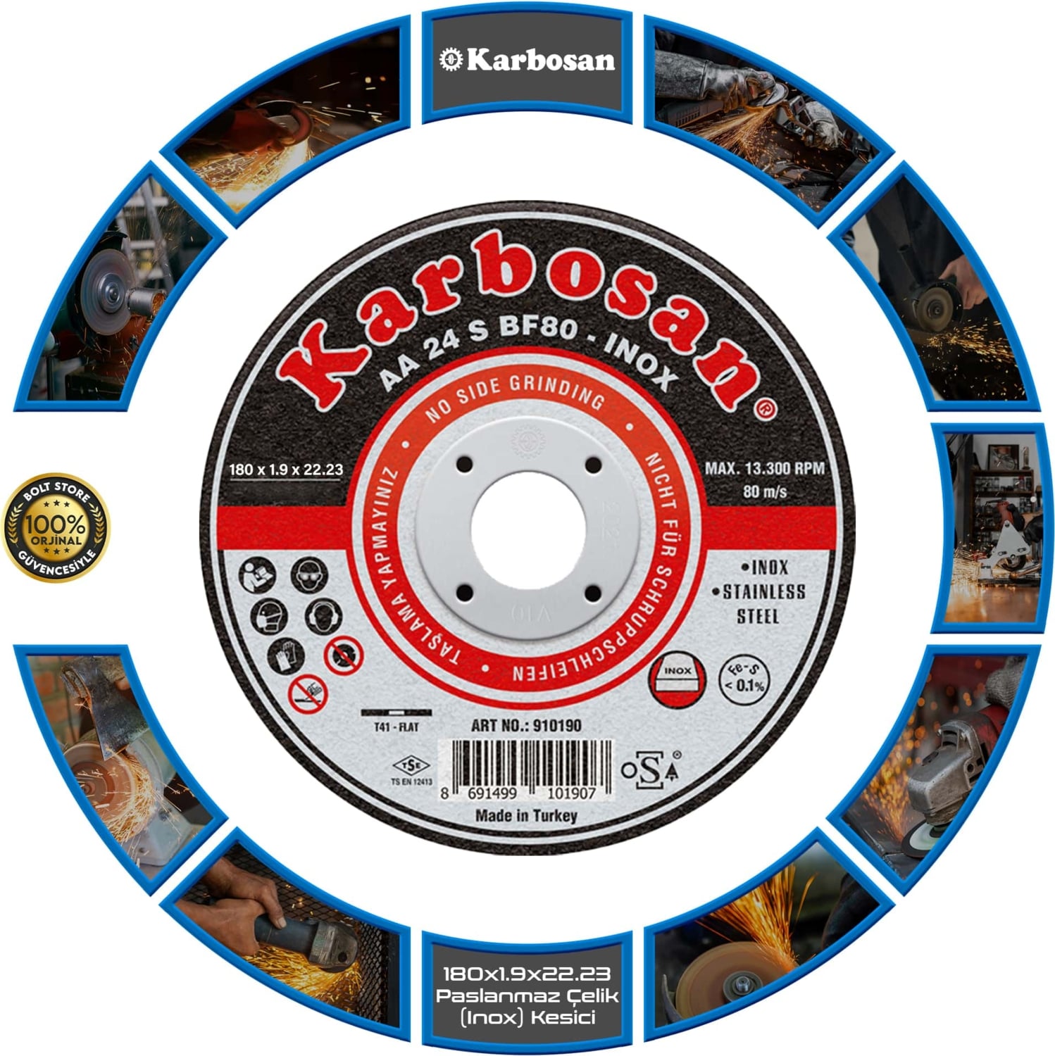KARBOSAN Paslanmaz Çelik Inox Kesici | 180 x 1.9 x 22.23 mm