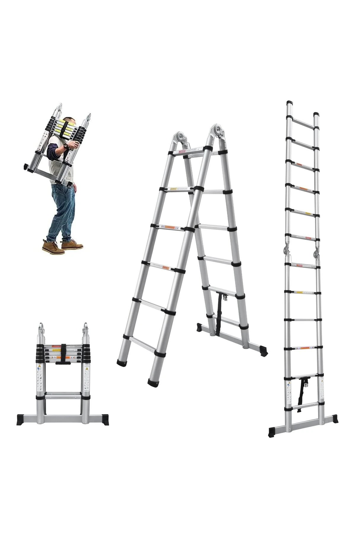 A Tipi Çift Yönlü 5,6 mt Paslanmaz Teleskopik Merdiven 9+9 Basamaklı (2,8 mt+2,8 mt)