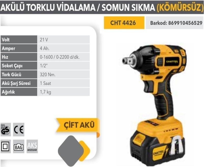Profesyonel 21V Akülü Darbeli Somun Sökme 1/2" Kömürsüz Motor CHT4426