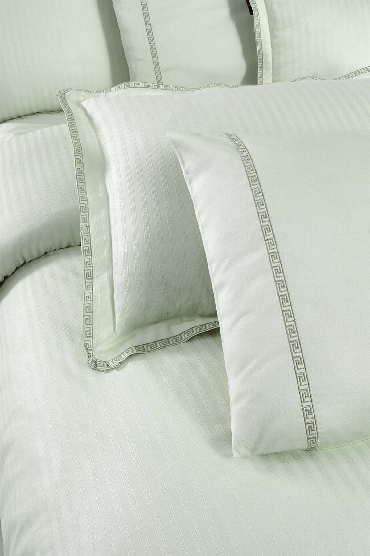 Jacquard Stripe Yeşil Çift Kişilik 260 Tc %100 Pamuk Saten Nevresim Takımı