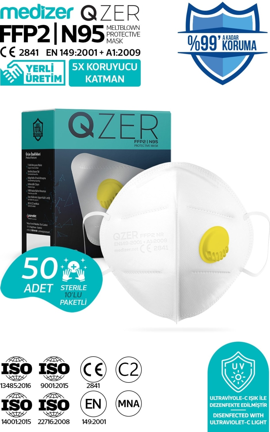 Qzer Beyaz 5 Katlı Ventilli Ffp2 Nr N95 Maske