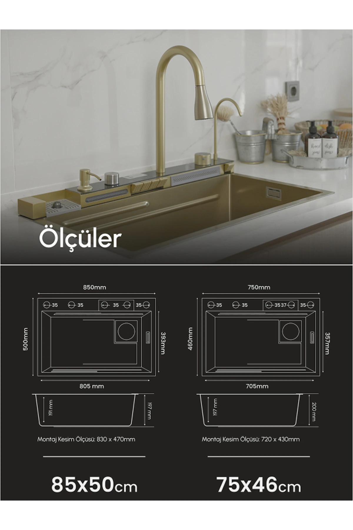 75*46cm Dijital Göstergeli Fonksiyonel Çelik Eviye Seti