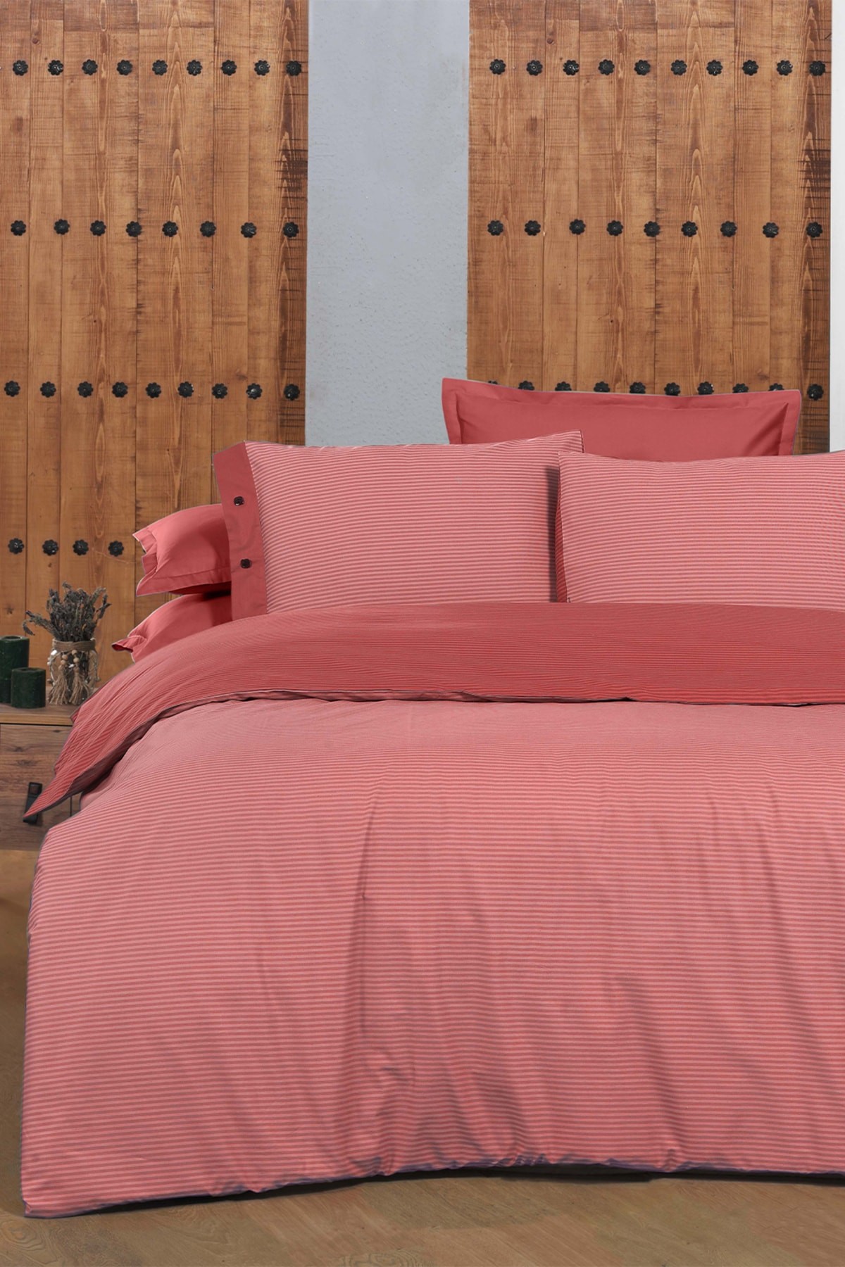 New Fancy Stripe Kırmızı King Size (battal Boy) %100 Pamuk Çizgili Nevresim Takımı