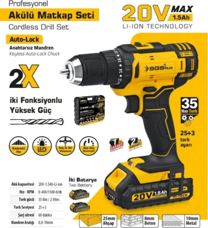 5249 Akülü Darbeli Matkap Seti Çift Akülü 20 Volt- 1.5 Amper