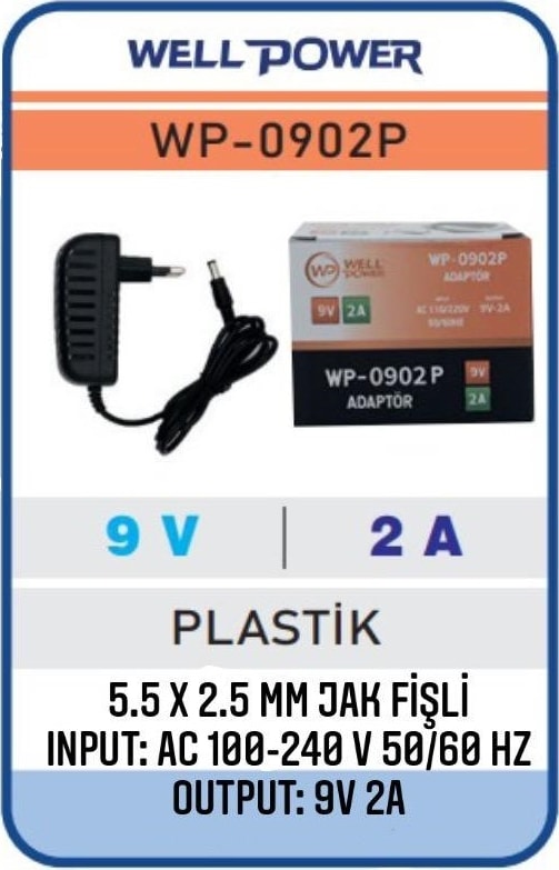 9V 2A Adaptör 9 Volt 2 Amper 5.5 x 2.5 mm Jak Fişli Plastik Kasa  WP-0902P