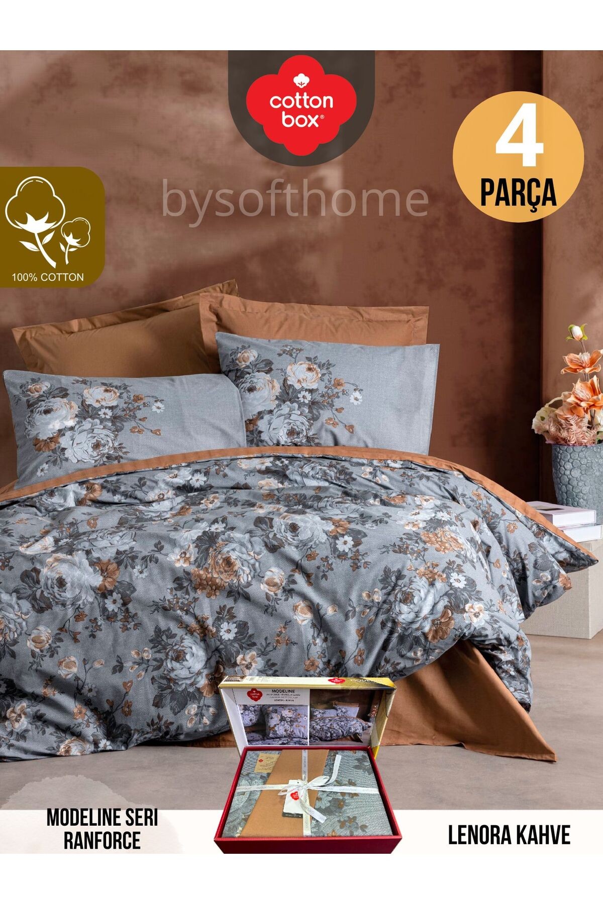 LENORA KAHVE Modeline Ranforce Çift Kişilik Nevresim Takımı %100 Pamuk