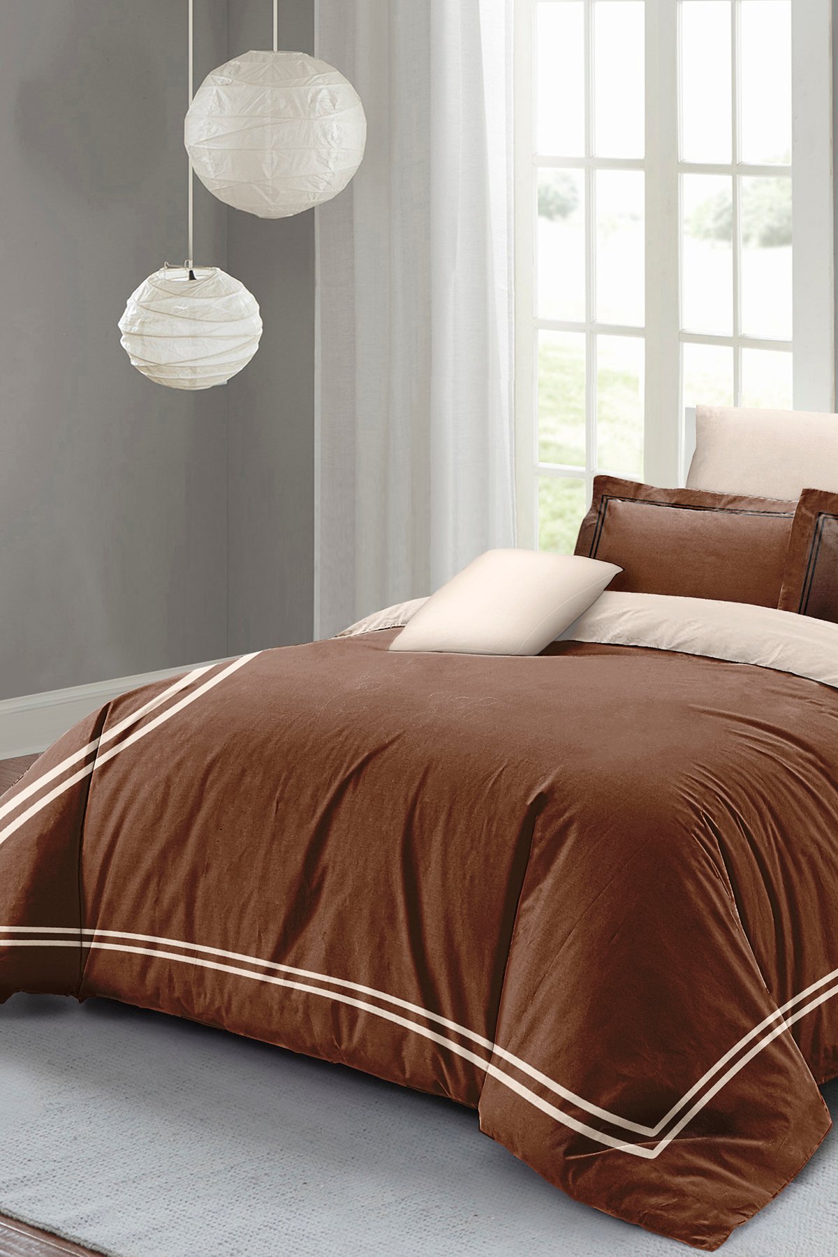 Kıng Sıze Çift Kişilik Nevresim Takımı %100 Luxury Pamuk Saten Coffee 220x240cm