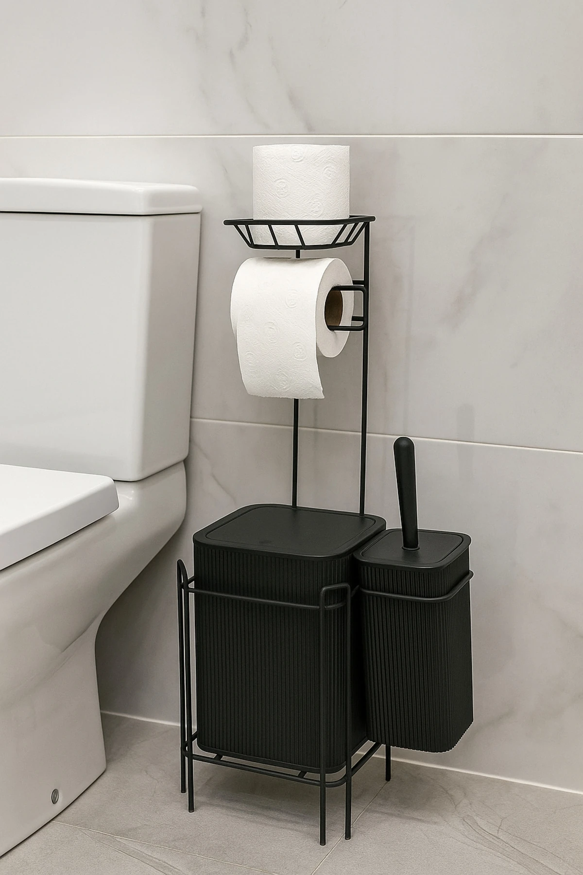 Yedekli Siyah Kare WC Kağıtlığı Tuvalet Fırçalığı Çöp Kovası Seti, Metal Askılı WC Kağıtlık Fırça