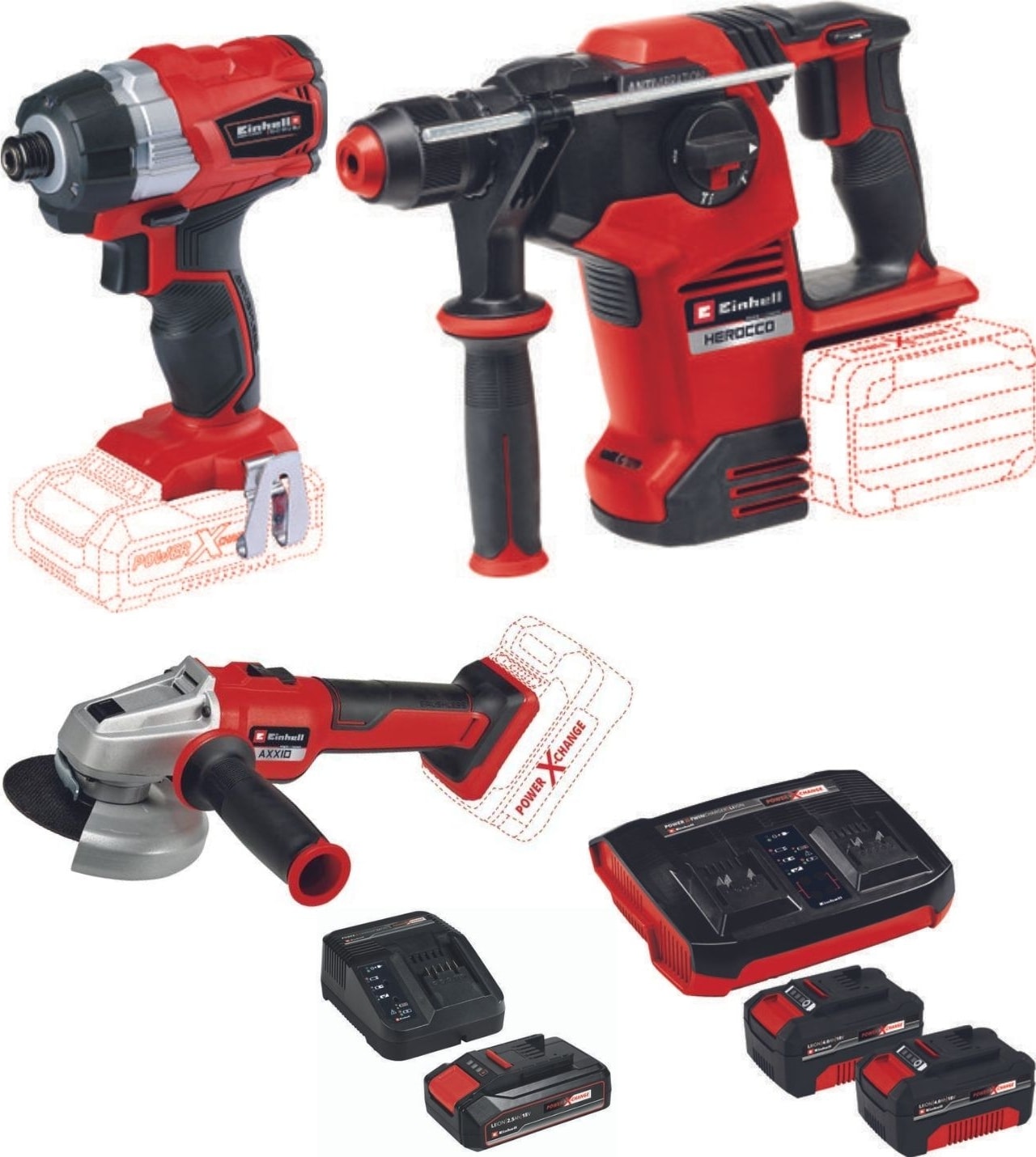 EİNHELL Te-Cı 18 Bl Vidalama Axxio 18/115 Avuç Taşlama Herocco 36/28 Kırıcı Delici 2X4.0AH+2.5AH Twincharger Akülü Kömürsüz Set