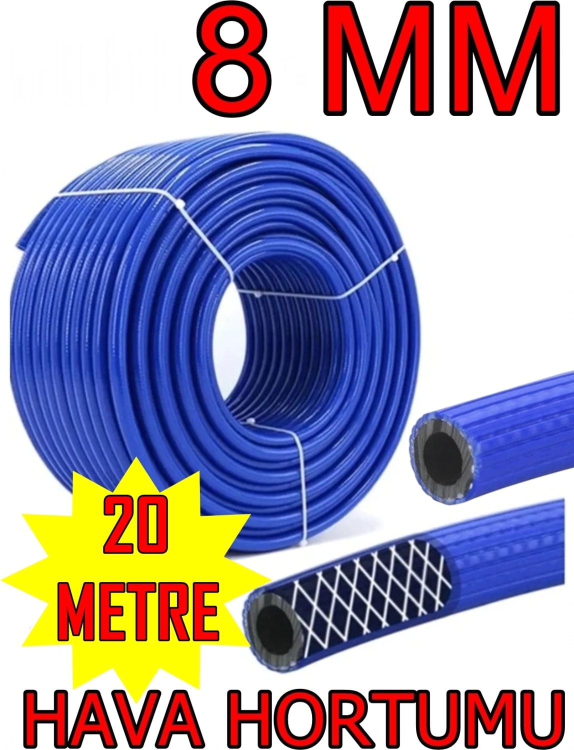 Kompresör Hava Hortumu 20 mt 8 mm Mavi - Thermo Oksijen Hava Hortumu