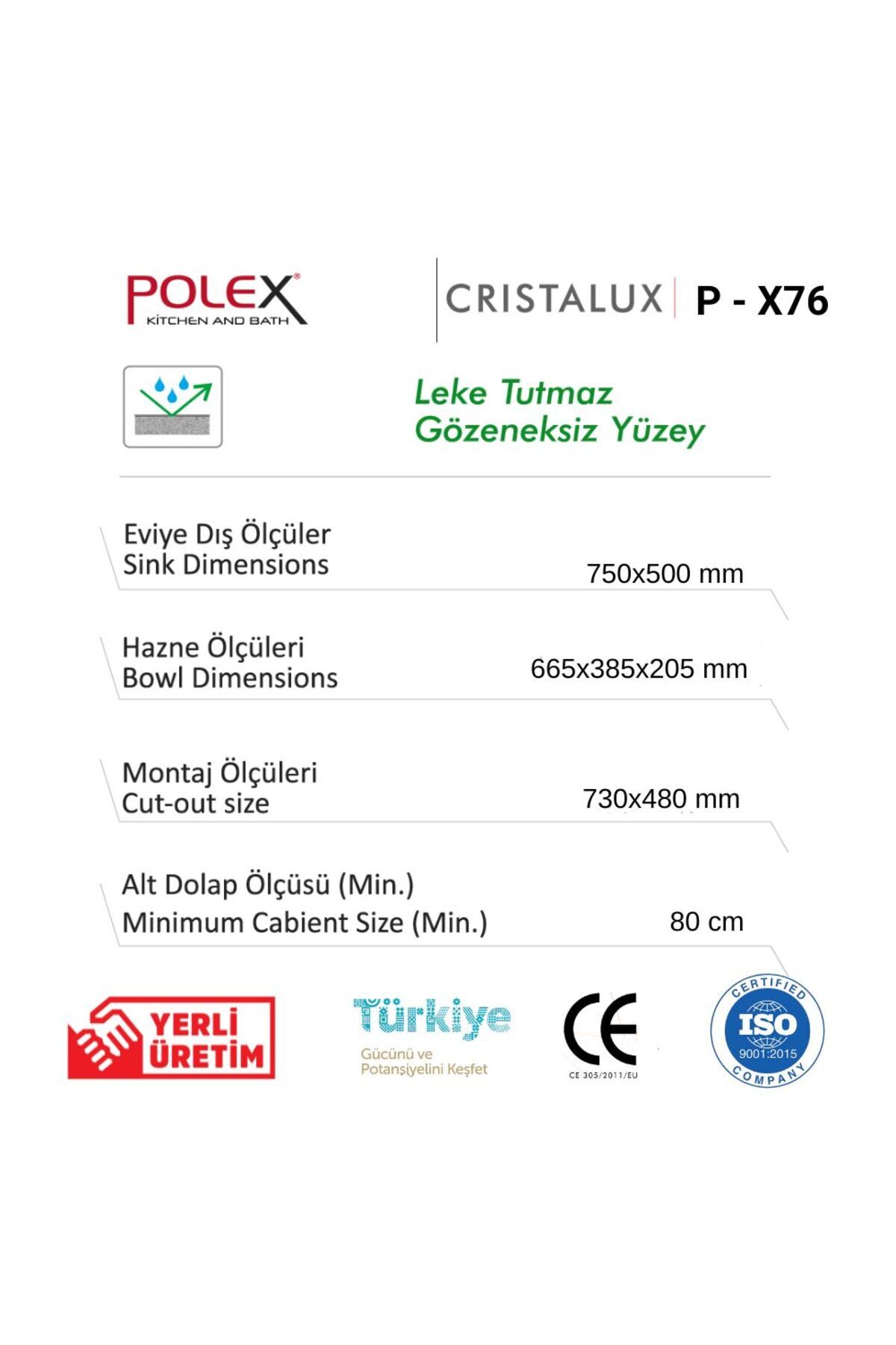 Cristalüx Granit Evye P-x76 Antrasit Tezgah Altı Ve Tezgah Üstü Mutfak Evyesi 75x50cm