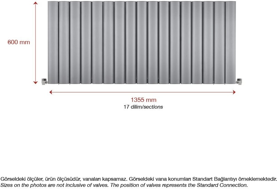 600 x 1355 mm Amber Yatay Gümüş Gri Alüminyum Radyatör Standart Bağlantı