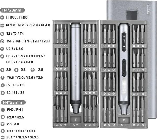 50 Parça Şarjlı Hassas Tornavida Seti – Led Işıklı, Mıknatıslı Alüminyum Kasa, Type-C, Telefon Pc vb. Tamir Seti
