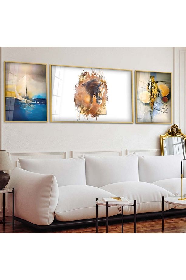 Gold Metal Çerçeveli Modern Çizim At Üçlü Kırılmaz Cam Tablo Seti