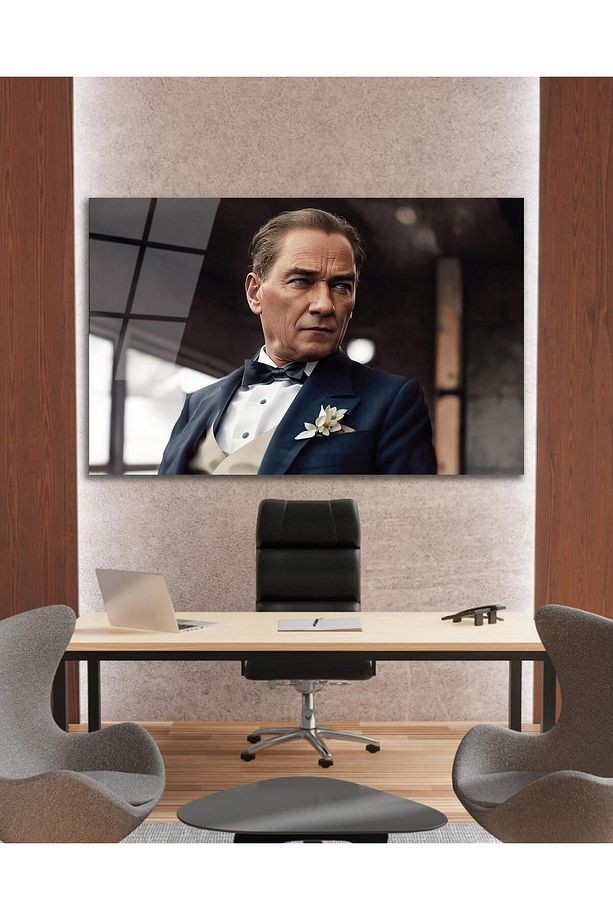 Atatürk Cam Tablo Yapay Zeka Modern Ev Ofis Salon Kurum Hediyelik Tablo