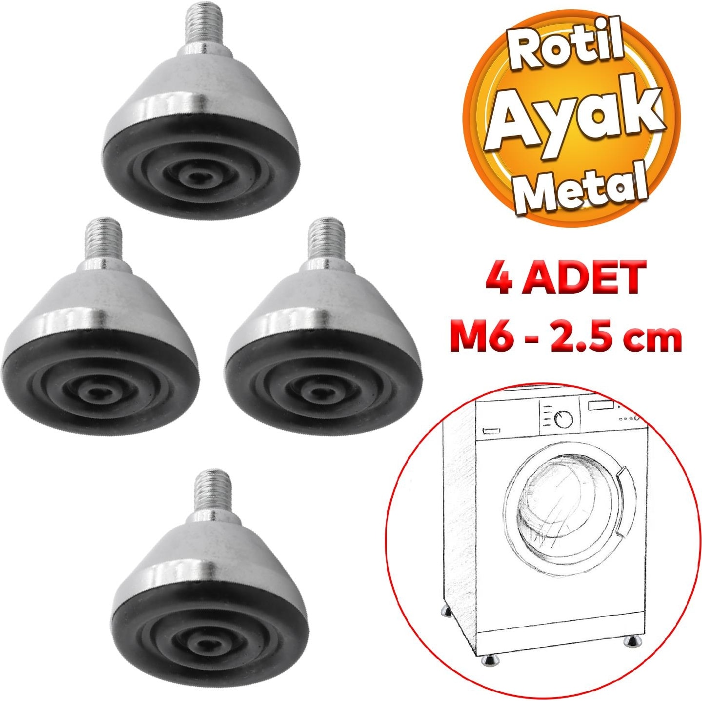 Beyaz Eşya Raf Mobilya Bingo Rotil Ayakları M6 Civatalı 6 Mm Metal Profil Ayağı 2.5 Cm (4 Adet)