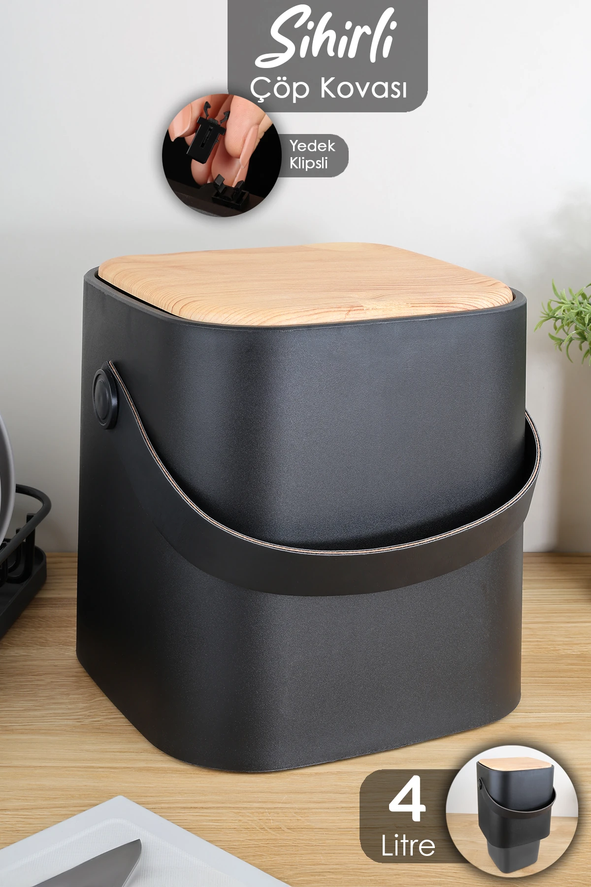 4Lt Ahşap Görünümlü Çöp Kovası - Akıllı Kapak Tutma Saplı Kovalı Tezgah Üstü Mutfak Çöp Kovası Siyah
