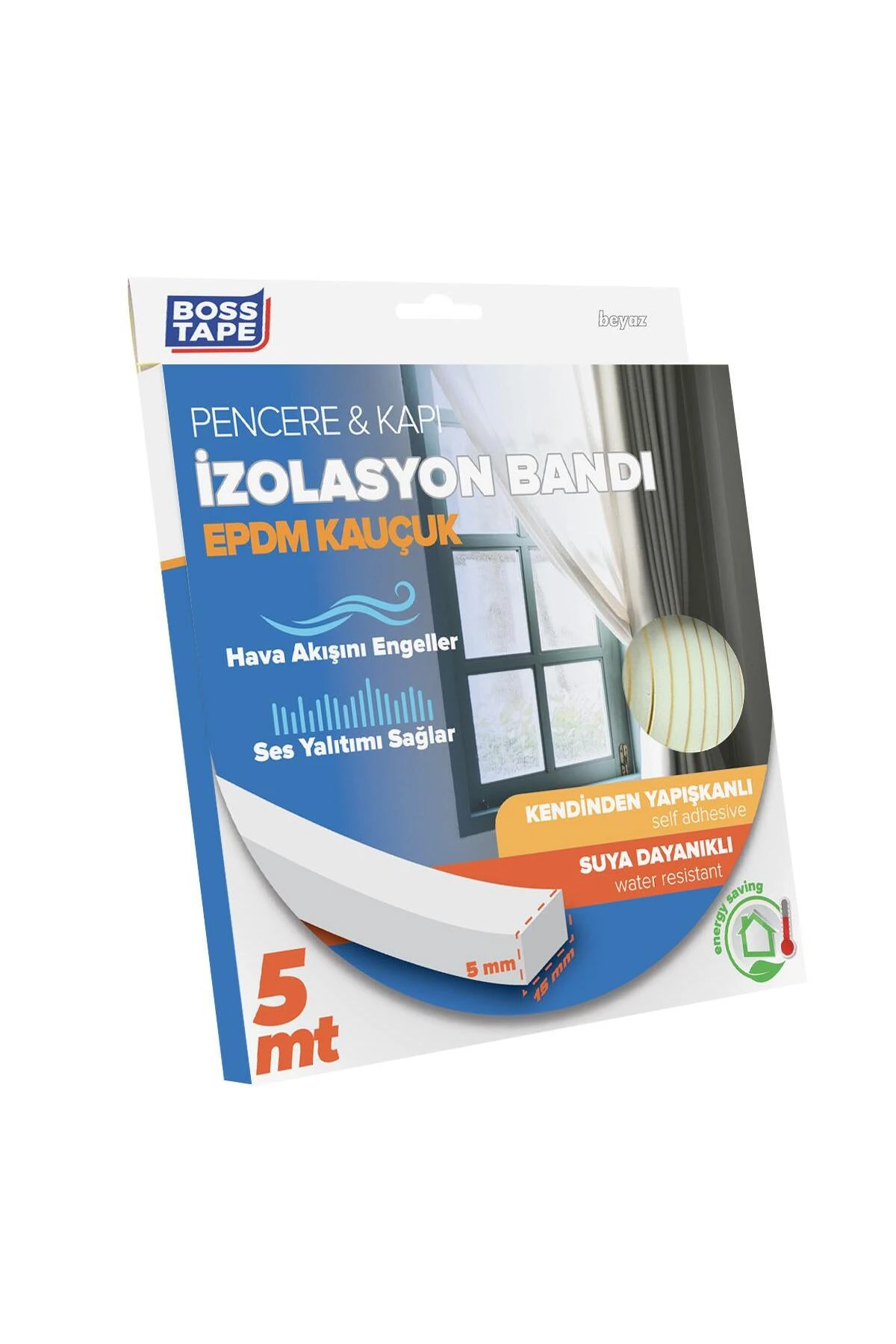 Pencere Kapı Rüzgar Isı Kaybı Engelleyici İzolasyon Bandı 5 Metre Kauçuk Beyaz En:15mm Yükseklik:5mm