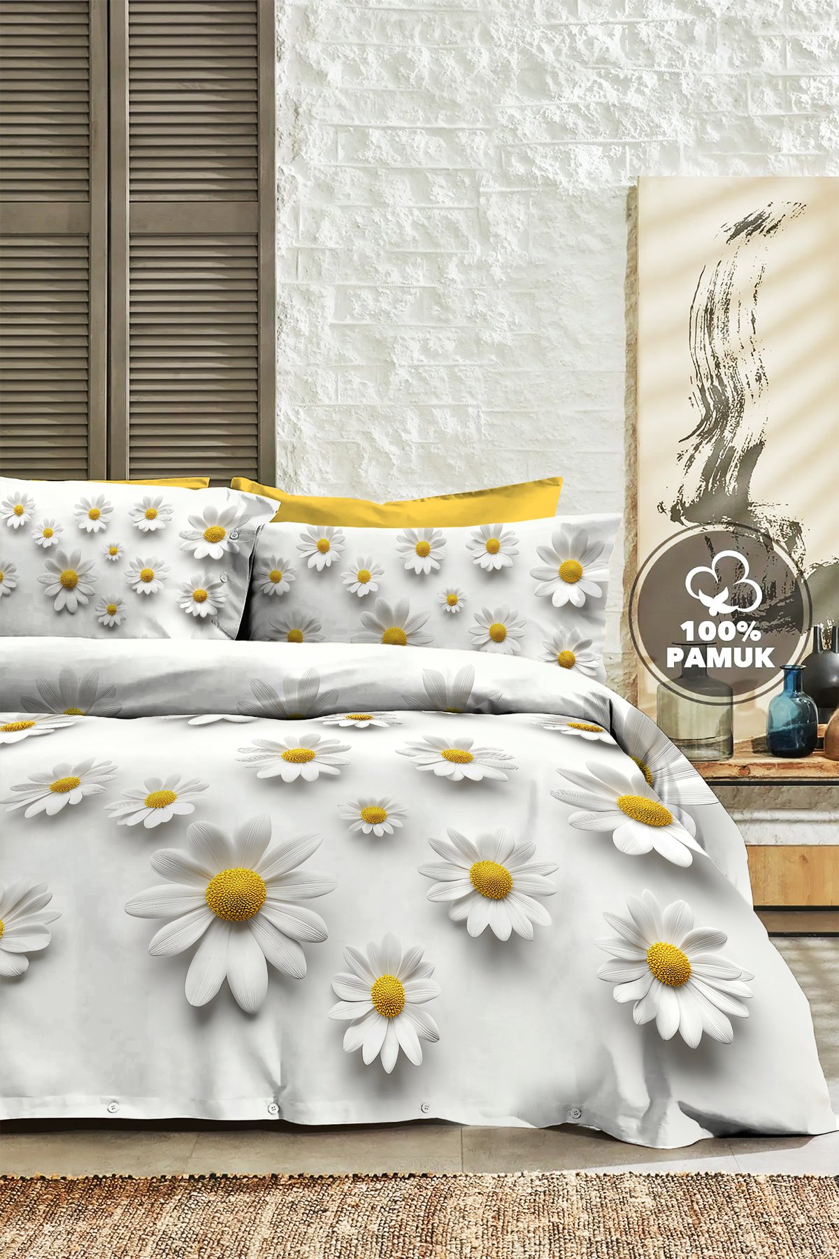%100 Pamuk Ranforce Çeyizlik Luxury 5d Dijital Çift Kişilik Nevresim Takımı Papatya