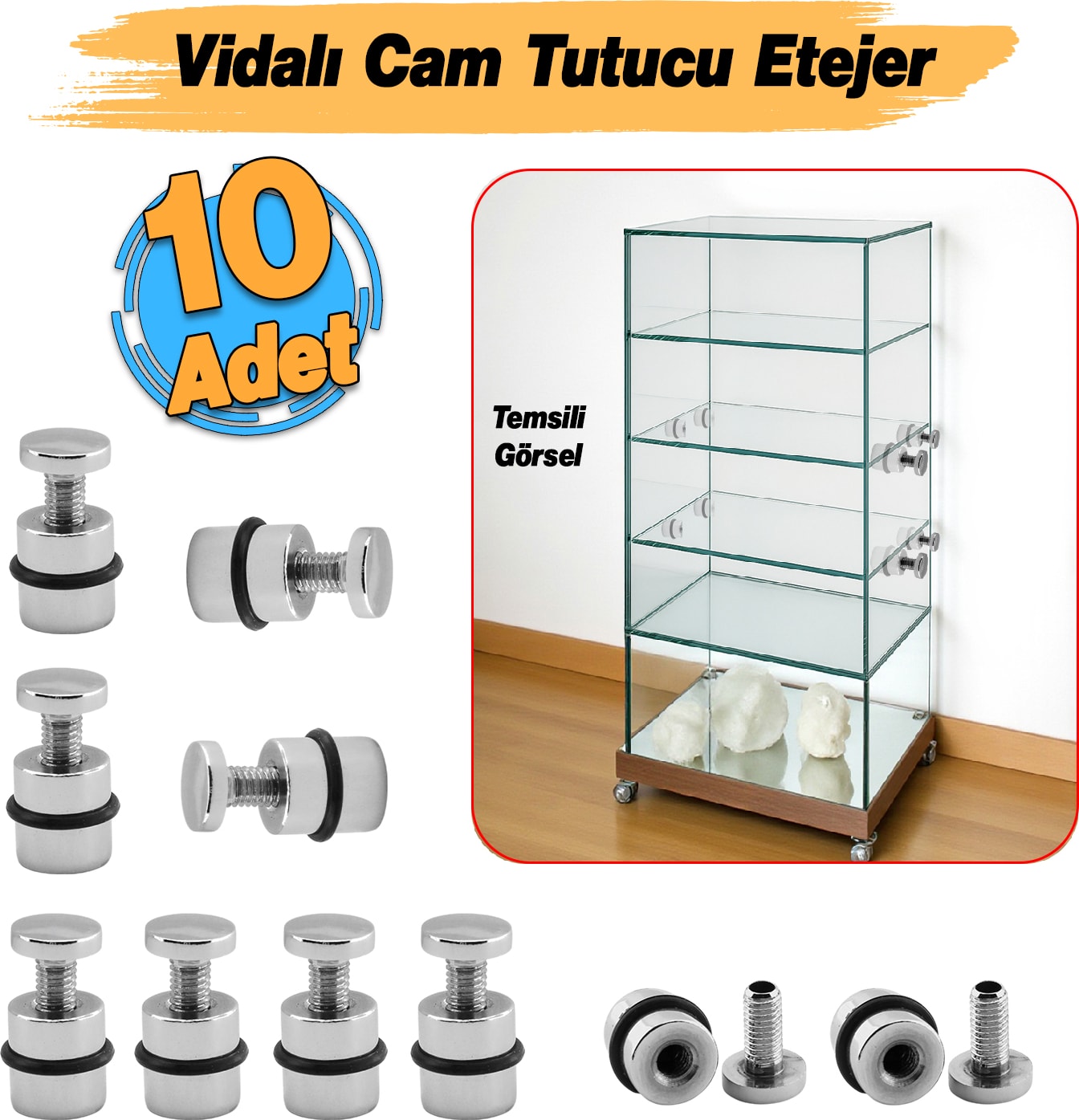 O-Ringli Metal Cam Raf Tutucu (10 Adet) Krom 90-2503-01 Oringli Contalı Vidalı Metal Tutamak