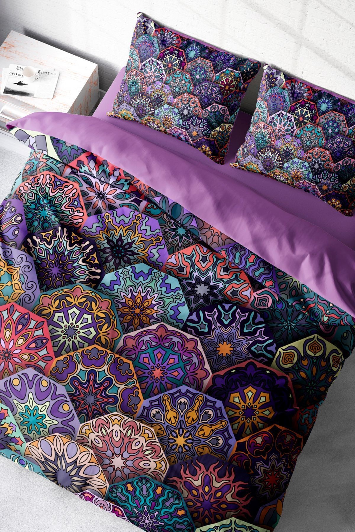 Nevresim Takımı %100 Doğal Pamuk Çift Kişilik 3d Digital Ethnic Purple