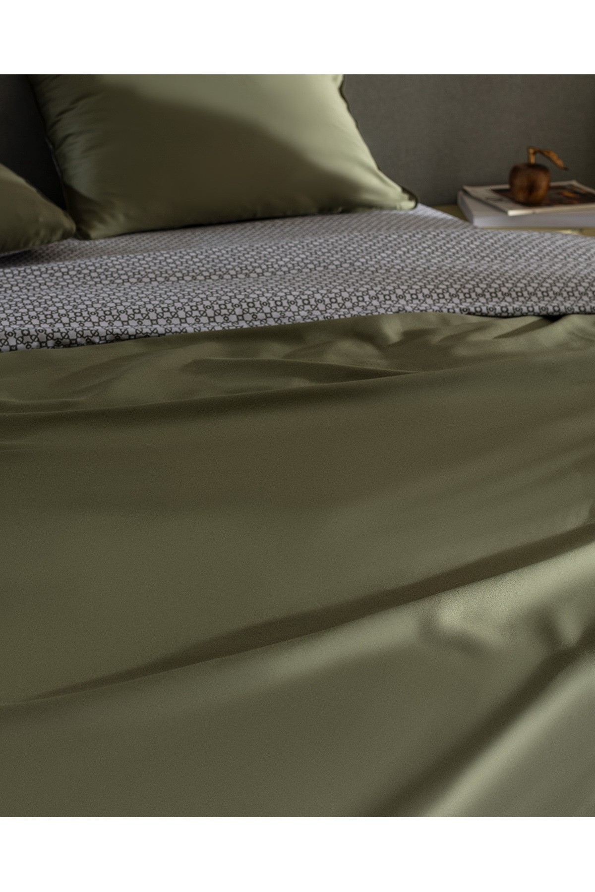 Dennie King Size %100 Pamuk Baskılı Saten Nevresim Takımı - Haki