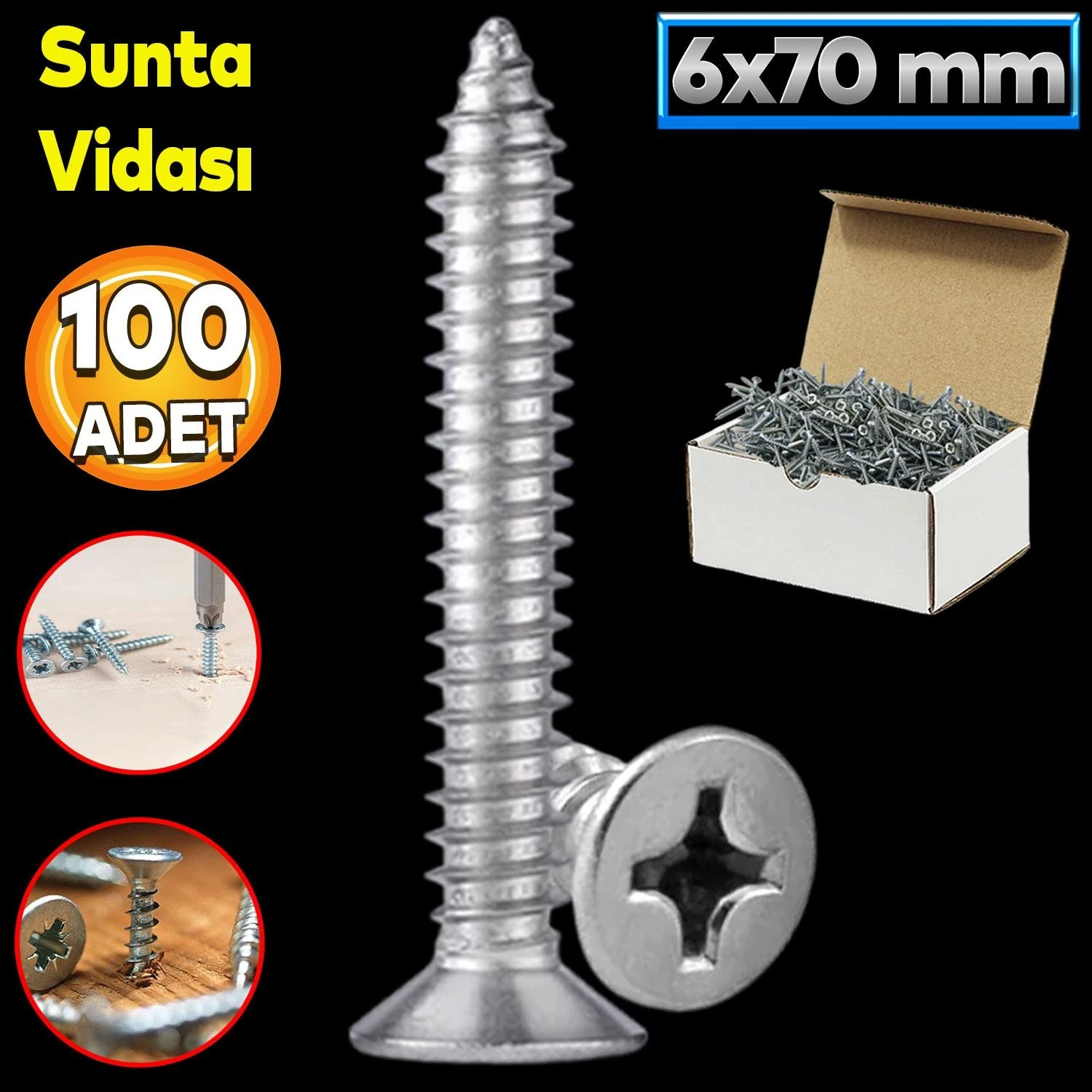 Sunta Vidası 6X70 Paket 100 Adet Sivri Uçlu Ahşap Tahta Ağaç Mobilya Ayak Kulp Vidası