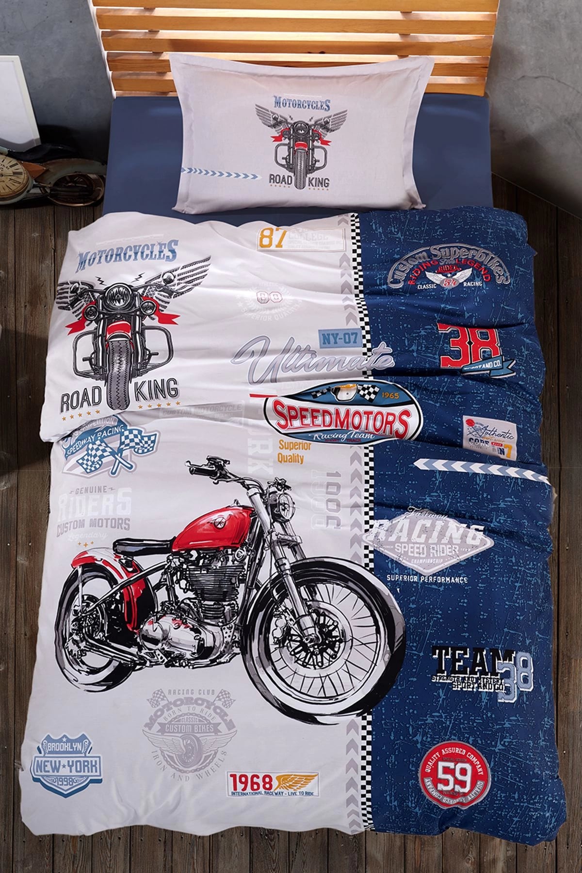 Ranforce %100 Pamuk Nevresim Takımı Tek Kişilik Road King Mavi
