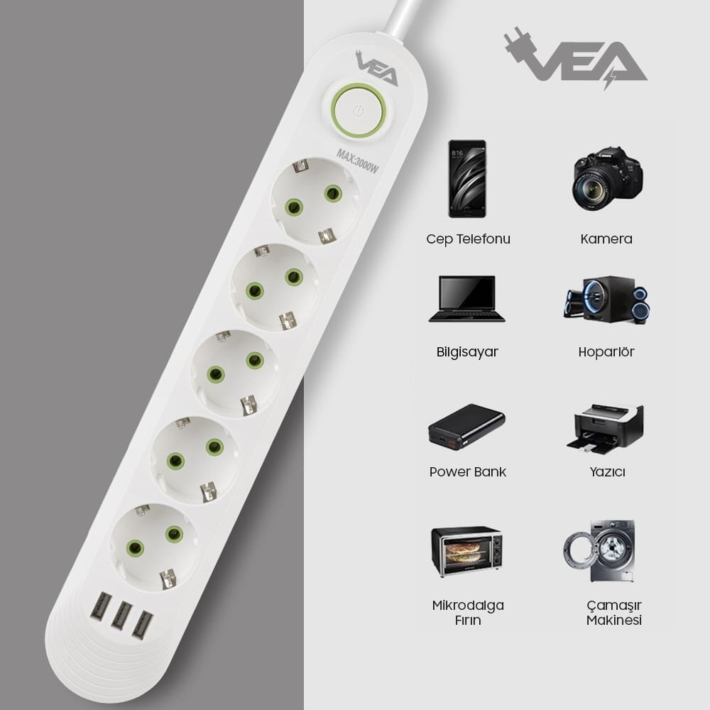 Beyaz 5'lü Akım Korumalı Priz 3 USB 1,5 Metre Elektronik Ürün Koruyucu Uzatma Kablosu Vea