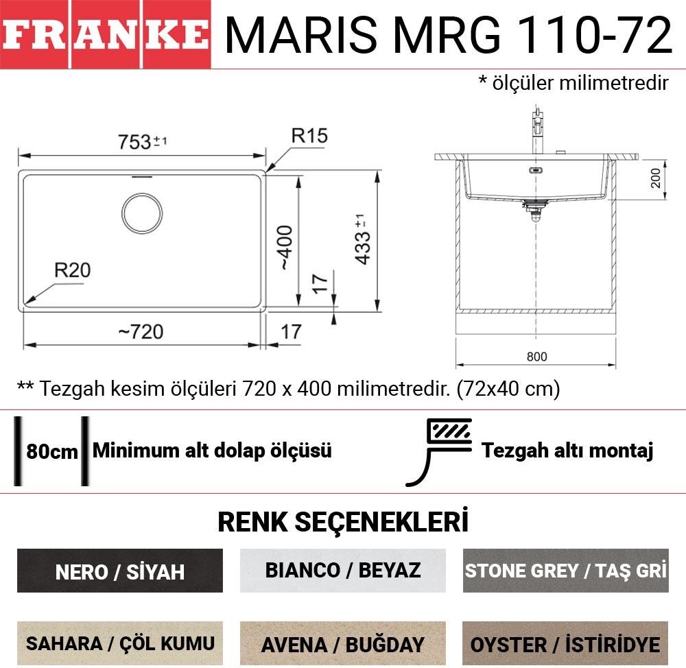 Mrg 110-72 Granit Evye, Bianco, Tezgahaltı, Tek Hazne, 72X40 cm
