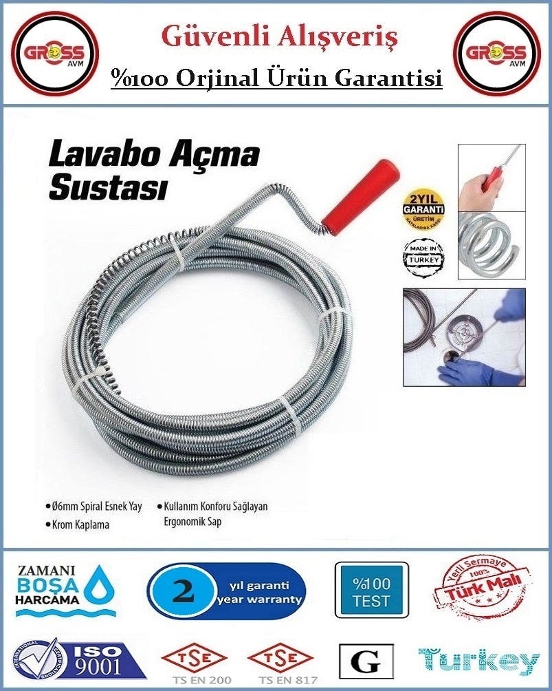 Lavabo ve Gider Boru Açma Spirali - Kanal Açma Sustası - 5 Metre