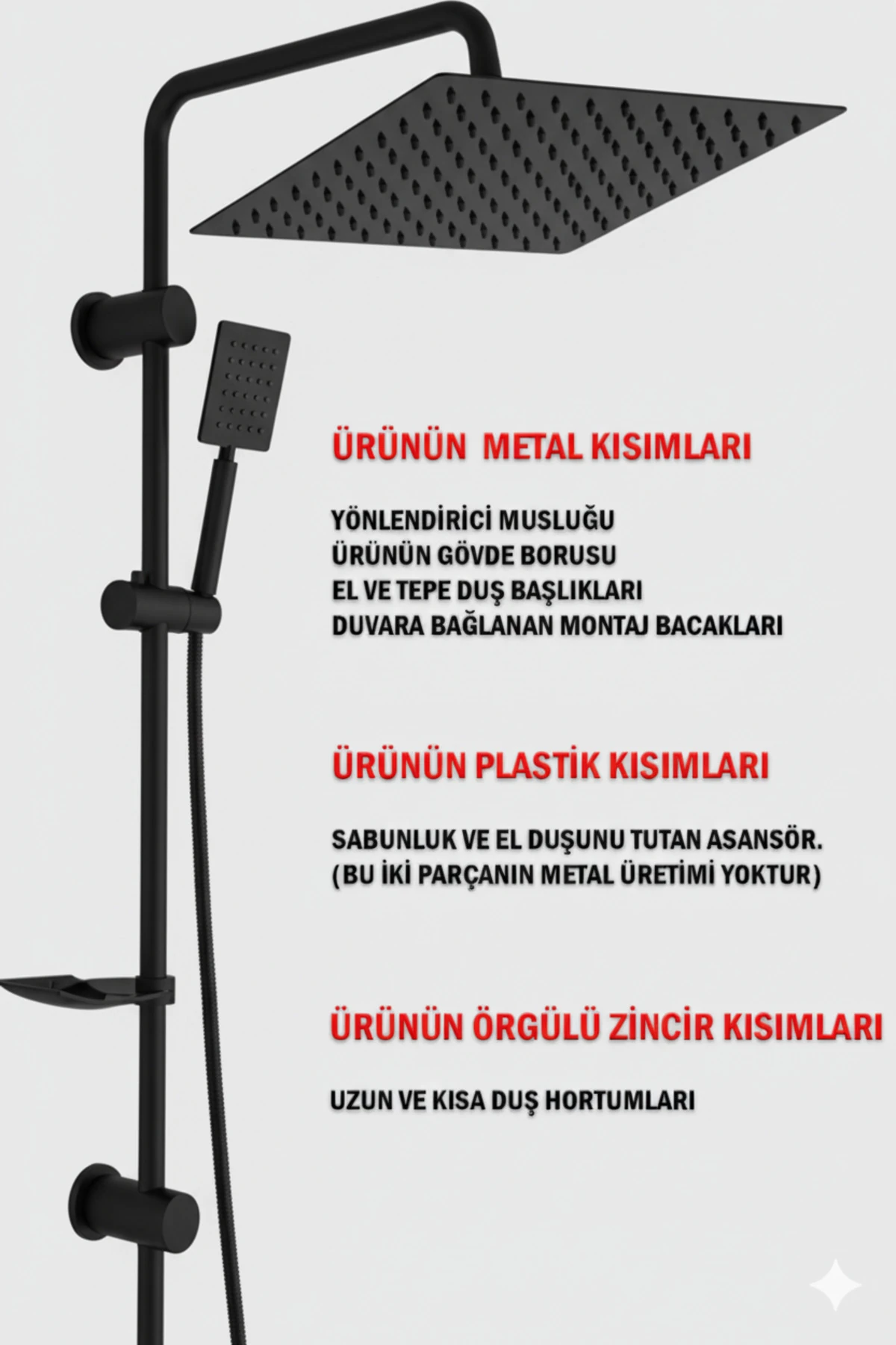 Robot Duş Takımı Metal Bacaklı ve El ve Tepe Başlığı Siyah Renk Lüks Ağır Tip Banyo Duş Seti