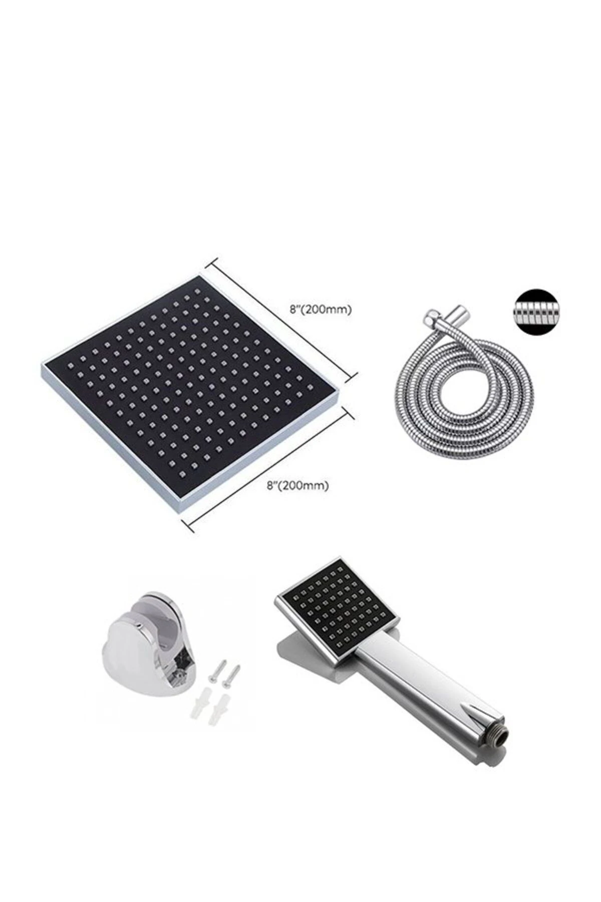 Duş Başlığı Seti  Kare Tasarım Tepe ve El Duş Başlı Hortum Tutacak ile Birlikte
