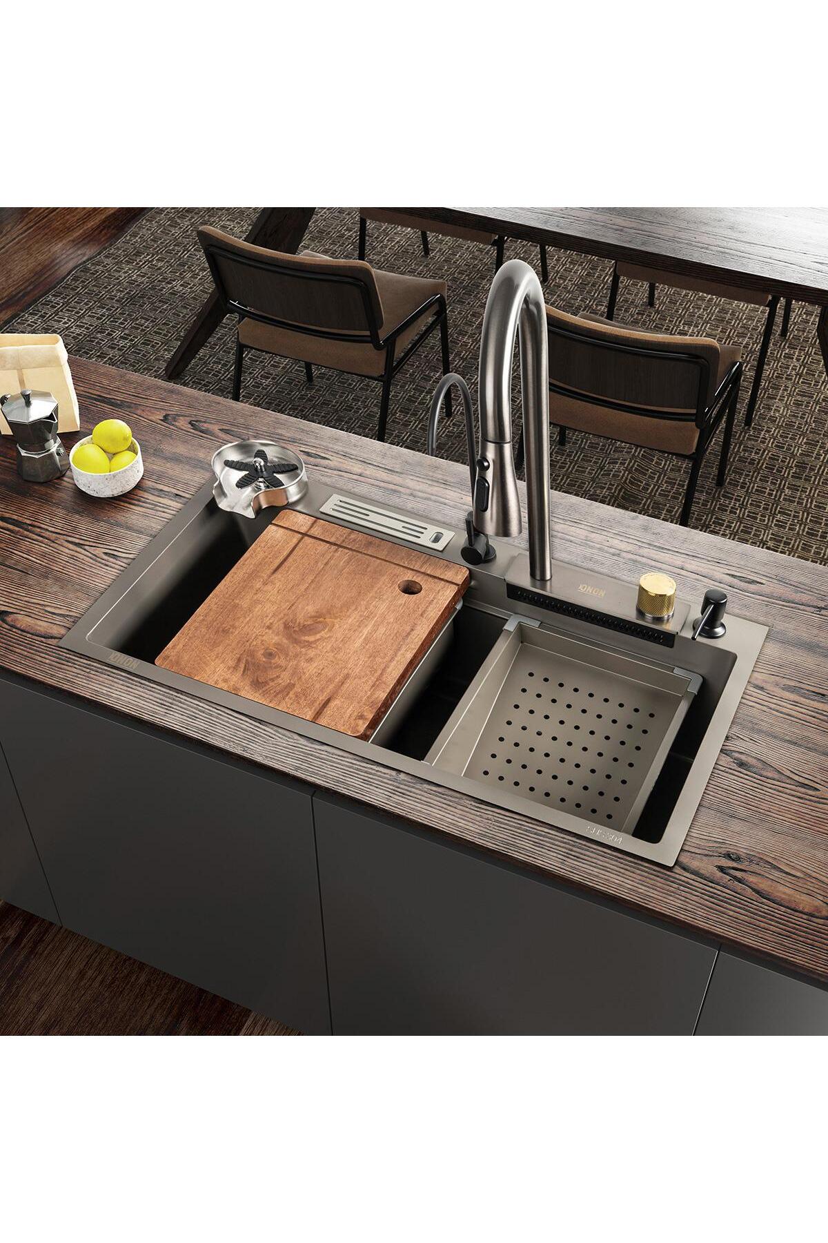 ONON PASLANMAZ ÇELİK AKILLI EVYE ANTRASİT GRİ ŞELALE YENİ NESİL SUS304 BIÇAKLIK  BARDAK YIKAMA