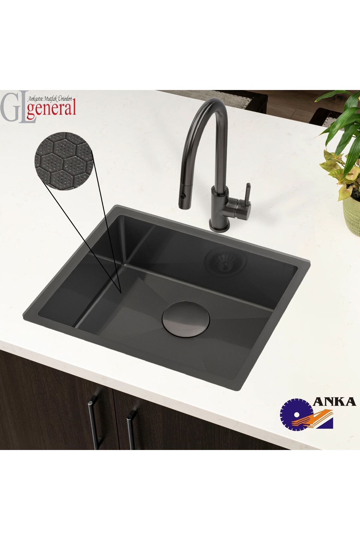 Petek Dokulu PVD Çelik (40 50 cm), Antrasit Paslanmaz Çelik Evye, Mutfak Lavabosu