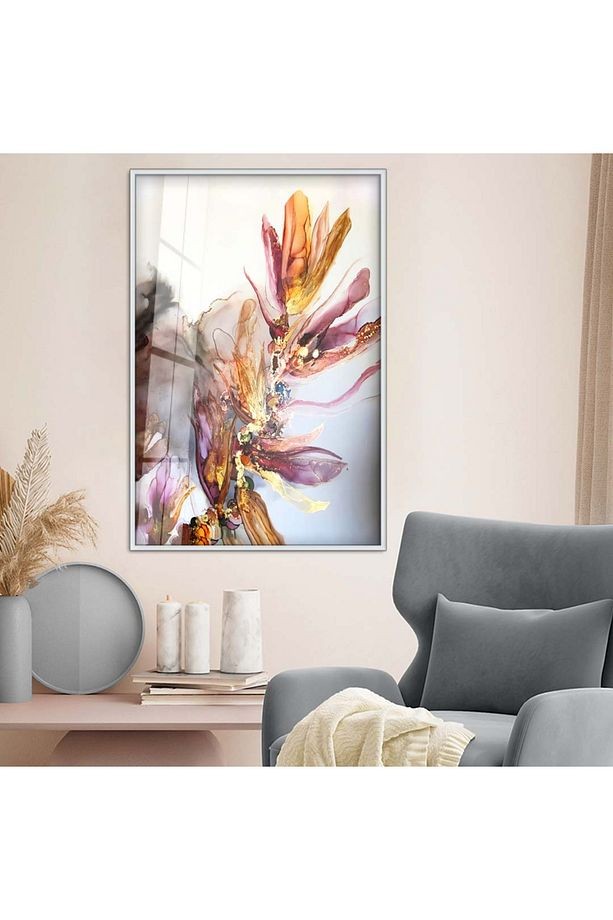 Gümüş Metal Çerçeveli Renkli Çiçek Modern Çizim Kırılmaz Cam Tablo