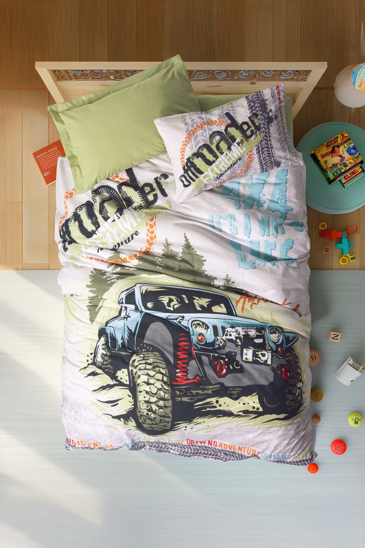 Junior Tek Kişilik Lastikli Çarşaflı Nevresim Takımı Adventure Yeşil