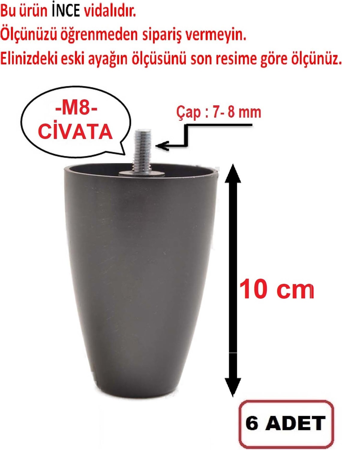 Armut Plastik Baza Ayağı Koltuk - Kanepe Ayağı 6 Adet Siyah 10 cm M8 Vida (Vida Ölçüsüne Dikkat)