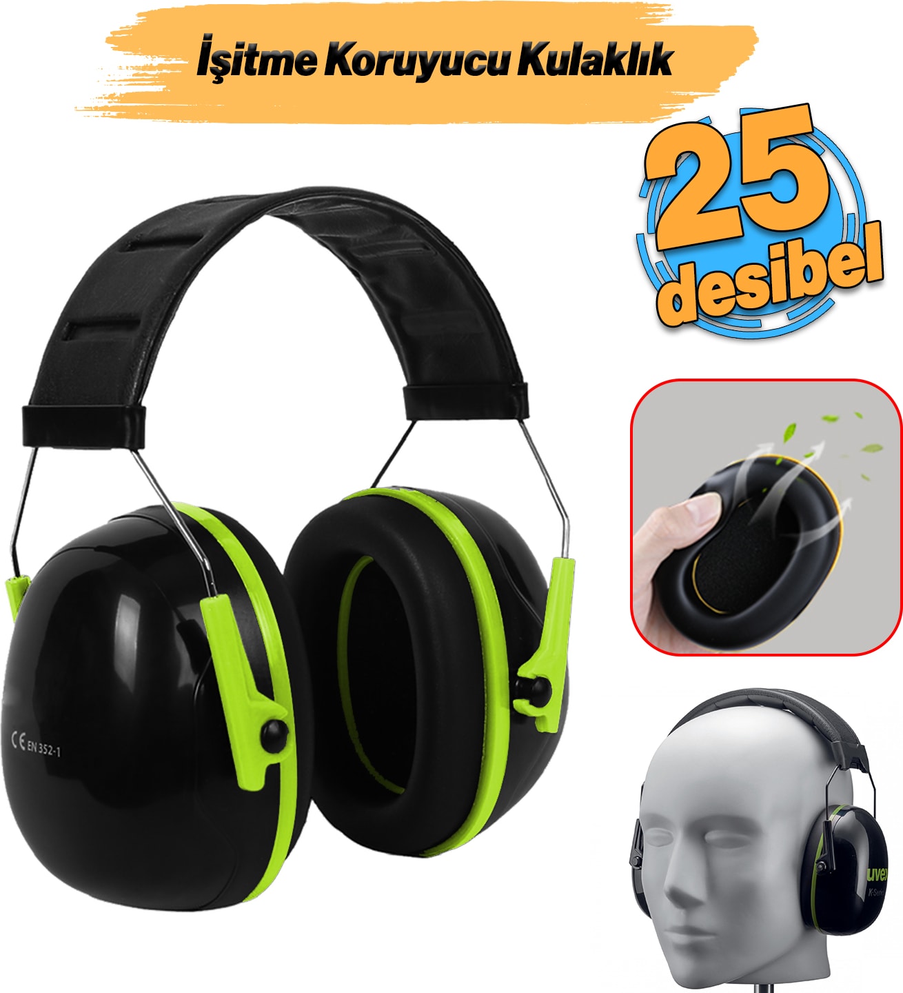 Manşonlu Kulaklık Siyah Yeşil Gürültü Önleme 25 Db Ses Koruma Kulak Işitme Koruyucu