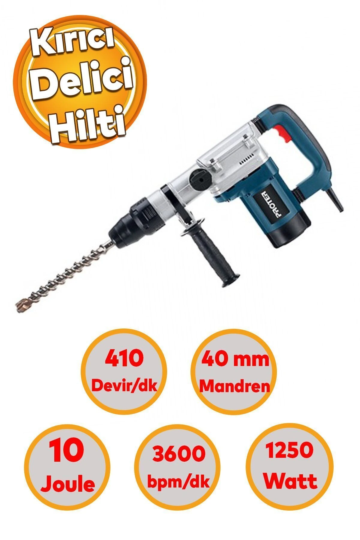 Kırıcı Delici Darbeli Matkap 1250 W  Metal Beton Elektropnömatik Delme Kırma Hilti 40 mm