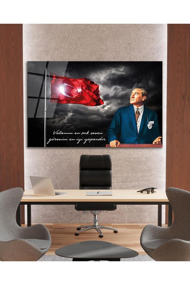 Türk Bayrağı ve Atatürk Cam Tablo Vatanını En Çok Seven Modern Ev Ofis Salon Kurum Hediyelik Tablo