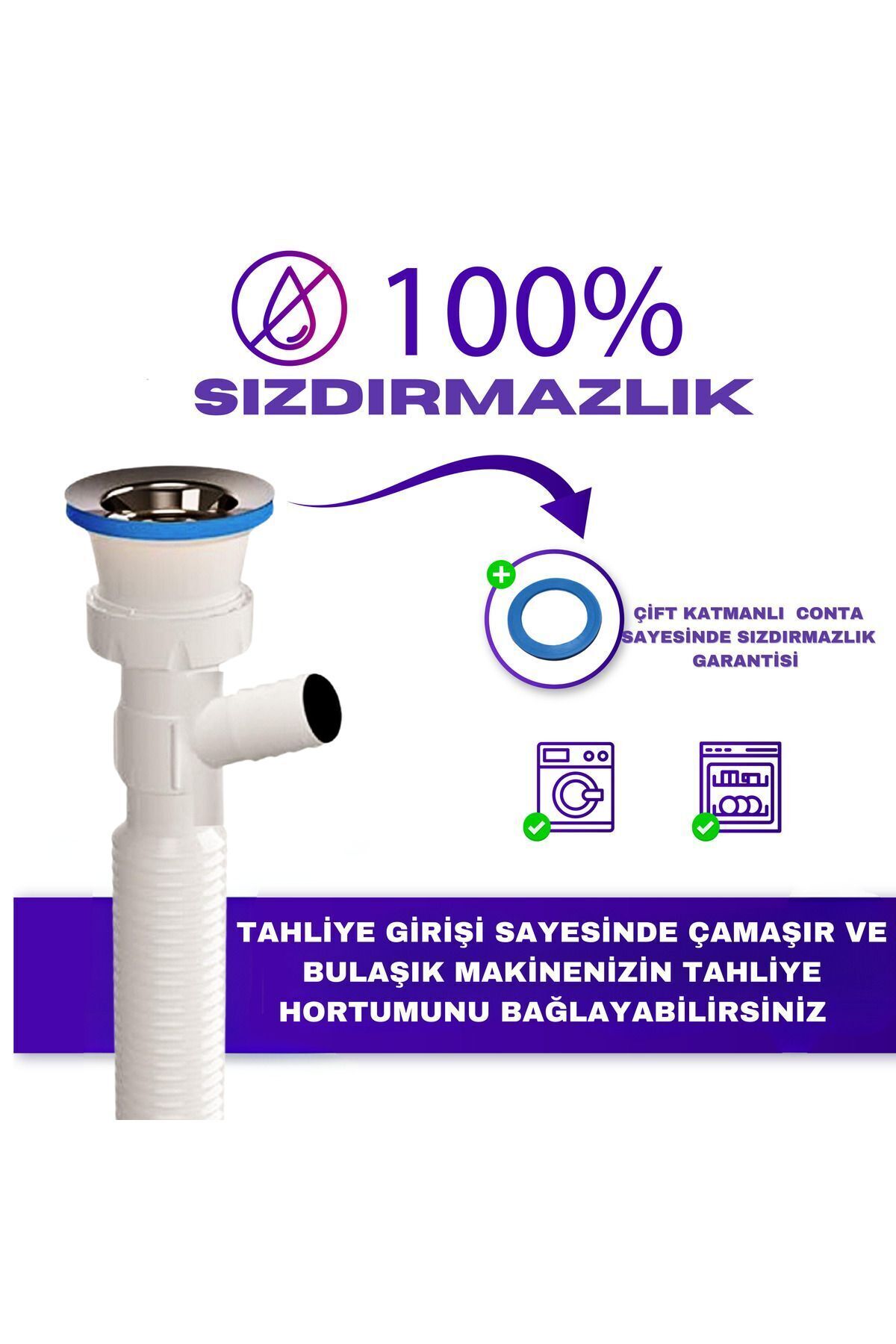 Güçlü Plastik Çamaşır Makinesi Girişli Körüklü Lavabo Sifonu