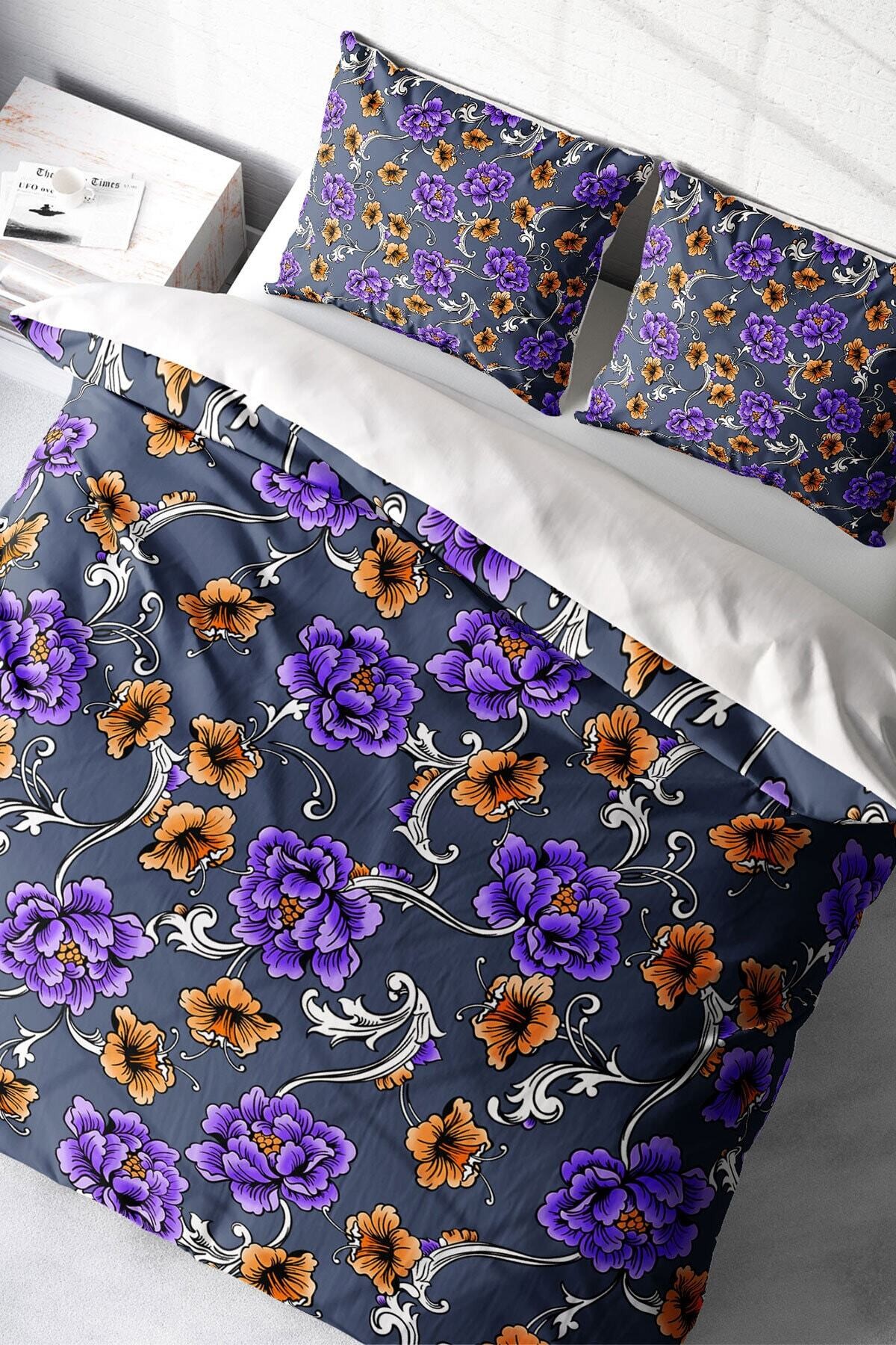 Kıng Sıze Purple Floral Naturel Çift Kişilik Nevresim Takımı 220x240cm