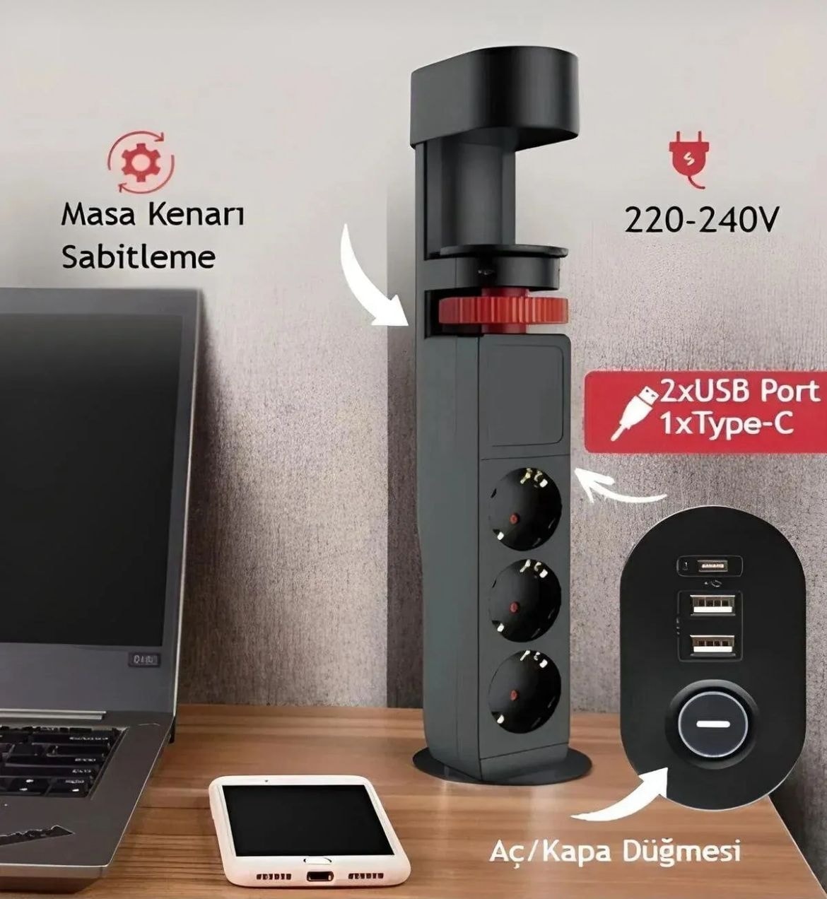 Masa Kenarı Sabitlenebilir 3'lü Priz – Kablo Kıskaçlı, Kırmızı Kilit Mekanizmalı, Siyah Renk