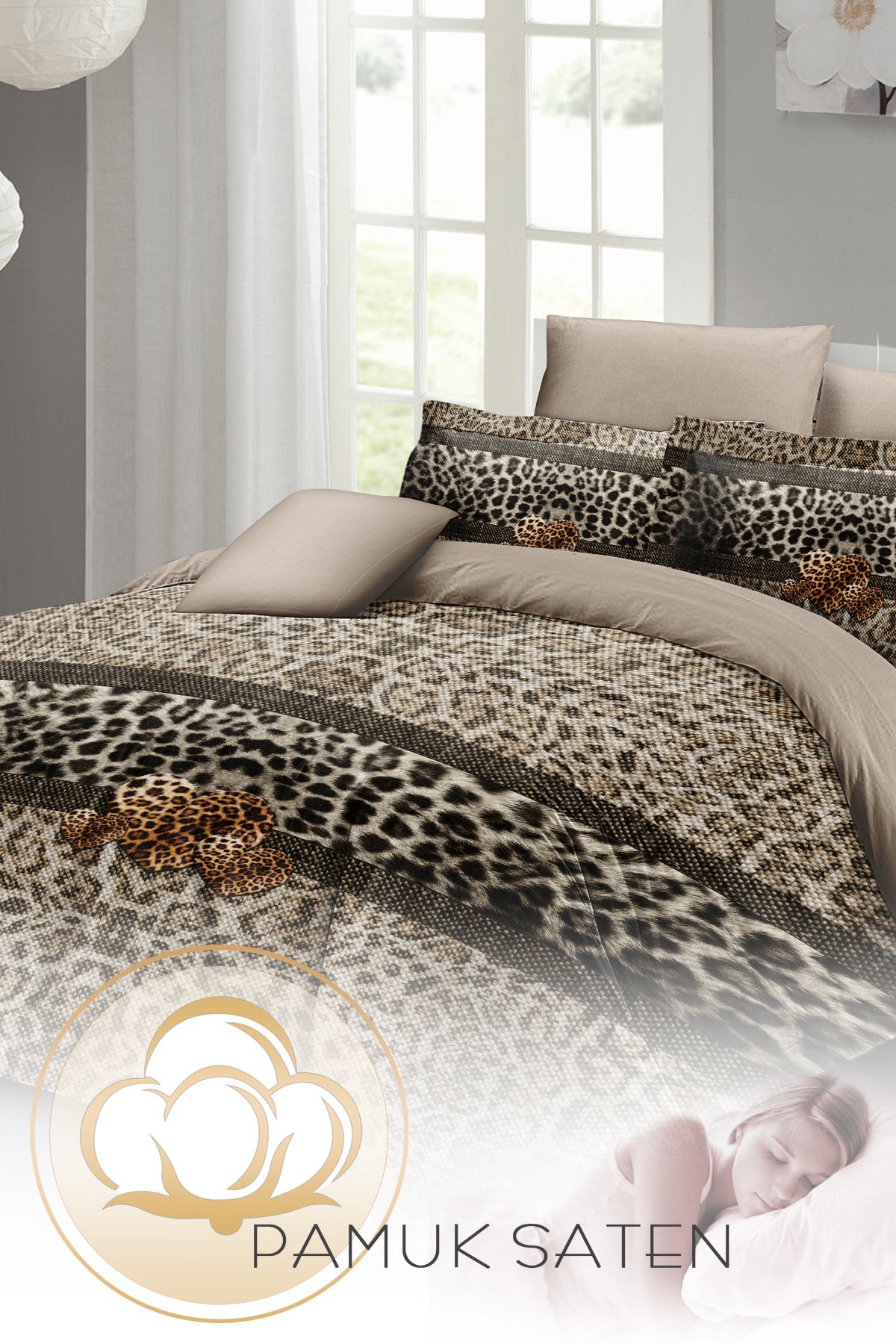 Kıng Sıze %100 Pamuk Saten Çift Kişilik Nevresim Takımı Leopard Fabric 220x240cm