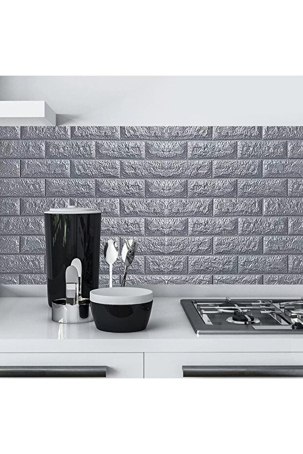 Nw02 Kendinden Yapışkanlı Esnek Gri Tuğla Duvar Kağıdı Paneli 70x77 Cm 6 Adet